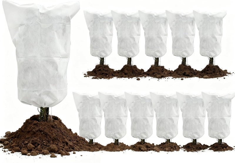 EAONE 12 Pack Plant Covers Freeze Protection, 32x47'' Winter Frosts Cloth for Outdoor Plants, Reusable Frost Blankets Drawstring Bags for Cold Freeze Sun Protection Bird Insect Prevention,White - Image 1